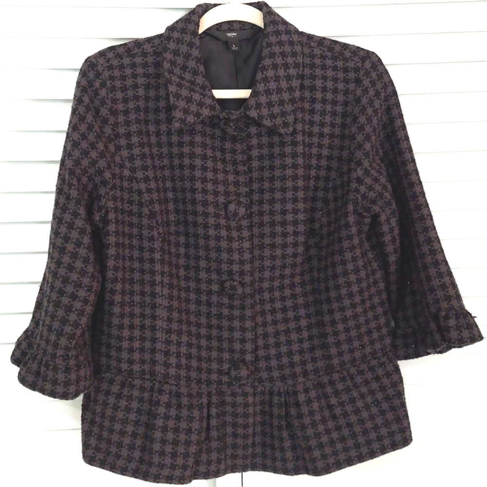 Mossimo‎ Jacket, Size L, Black Gray Houndsooth Pattern, Tweed Knit, Peplum Hem